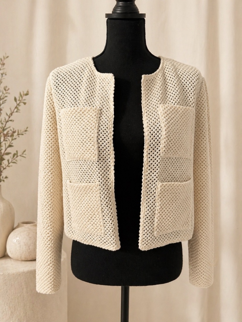 Mango Openwork Knit Cardigan Cream Cropped Mesh Boho Preppy Pockets Size L